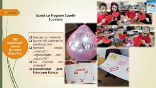 Liceul cu Program Sportiv
Suceava
R.E.S.P.E.C.T.
150
beneficiari
direcți
10 cadre
didactice
 Mesaje nonviolente
 Spune NU violenței în
mediul școlar
 Termeni cheie:
„violență”,
„agresivitate”, „risc”,
„siguranță”
 Ce culoare are
violența?
 Coordonator prof.
Polocoșer Raluca
 