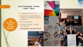 Liceul Tehnologic „Tomșa
Vodă” Solca
R.E.S.P.E.C.T.
100
beneficiari
direcți
15 cadre
didactice
 Învățăm R.E.S.P.E.C.T.-ul
 Dezbateri – cauzele violenței,
invitat comandantul poliției din
localitate
 Stop bullying-ului!
 Prevenim violența – mesaje
nonagresive
 Coordonator: prof. Heciu Anca
 