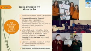 Școala Gimnazială nr.1
Vicovu de Sus
R.E.S.P.E.C.T.
120
beneficiari
direcți
6 cadre
didactice
 Spune NU violenţei, spune DA armoniei!
 „Împreună împotriva violenţei”,
condusă de d-na director,
prof.Mironescu Maria Daniela ,
organizată sub forma unor jocuri de rol,
vizând hărţuirea, bullyingul şi
etichetările
 „Violenţa în școli – o realitate ce nu
trebuie ignorată”, care i-a avut drept
moderator pe dl. Apetroaie Mihai,
plutonier major în cadrul Poliţiei
Oraşului Vicovu de Sus şi pe domnul
Leviţhi Cristi
 ,,Ce este violenţa si carec sunt formele
ei”- prof.Hasna Daniela Mariaşi
prof.Hasna Doina
 Coordonator prof.Nitu Georgeta Maria
 