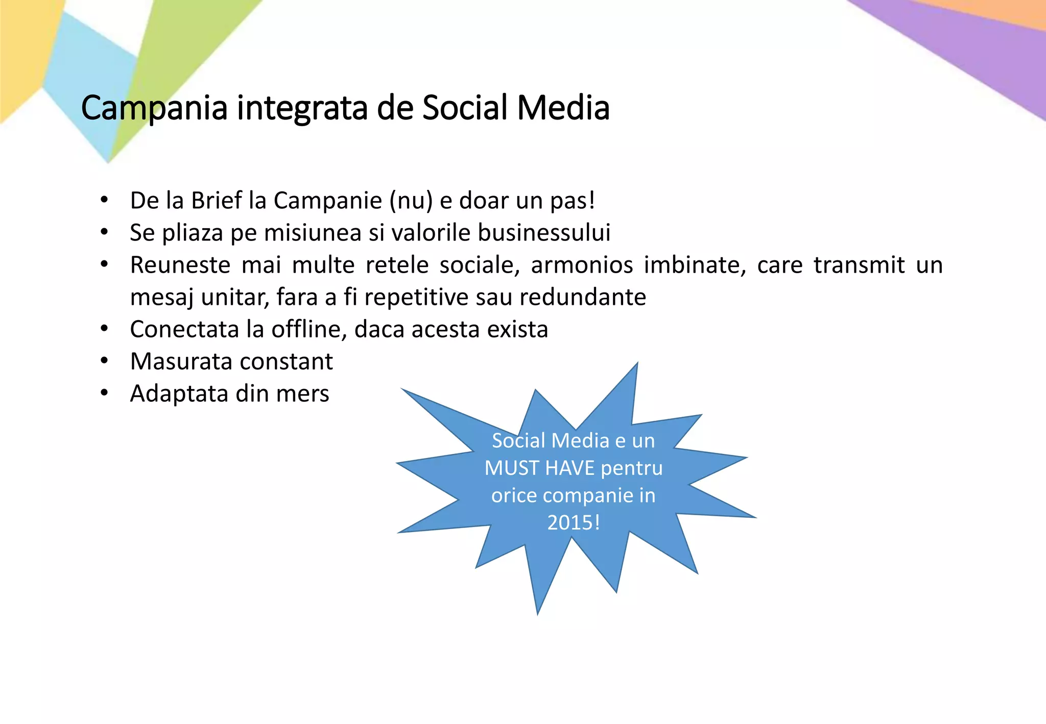 Campania integrata de Social Media
• De la Brief la Campanie (nu) e doar un pas!
• Se pliaza pe misiunea si valorile businessului
• Reuneste mai multe retele sociale, armonios imbinate, care transmit un
mesaj unitar, fara a fi repetitive sau redundante
• Conectata la offline, daca acesta exista
• Masurata constant
• Adaptata din mers
Social Media e un
MUST HAVE pentru
orice companie in
2015!
 