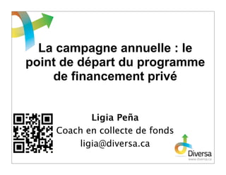 La campagne annuelle : le
point de départ du programme
    de financement privé


           Ligia Peña
    Coach en collecte de fonds
        ligia@diversa.ca
 