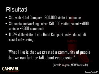 Risultati Sito web Hotel Campari:   300.000 visite in un mese  Siti social networking:  circa 150.000 visite tra cui +4000 amici e +3500 commenti Il 15% delle visite al sito Hotel Campari deriva dai siti di social networking “ What I like is that we created a community of people that we can further talk about red passion”   (Niccolò Magnani, MRM Worldwide) Gruppo “sette.0” 