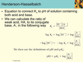 Henderson-Hasselbalch Equation to connect K a  to pH of solution containing both acid and base.  We can calculate the ratio of  weak acid, HA, to its conjugate  base, A - , in the following way 