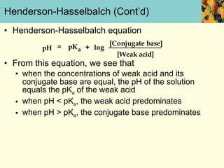 Henderson-Hasselbalch (Cont’d) Henderson-Hasselbalch equation From this equation, we see that when the concentrations of weak acid and its conjugate base are equal, the pH of the solution equals the pK a  of the weak acid when pH < pK a , the weak acid predominates when pH > pK a , the conjugate base predominates 