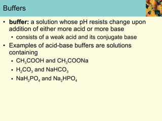 Buffers buffer:  a solution whose pH resists change upon addition of either more acid or more base consists of a weak acid and its conjugate base Examples of acid-base buffers are solutions containing CH 3 COOH and CH 3 COONa H 2 CO 3  and NaHCO 3 NaH 2 PO 4  and Na 2 HPO 4 