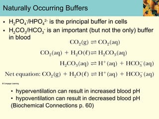 Naturally Occurring Buffers H 2 PO 4 - /HPO 4 2-  is the principal buffer in cells H 2 CO 3 /HCO 3 -  is an important (but not the only) buffer in blood hyperventilation can result in increased blood pH hypoventilation can result in decreased blood pH (Biochemical Connections p. 60) 