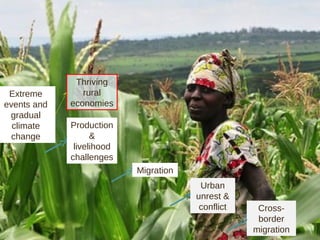 Urban
unrest &
conflict Cross-
border
migration
Extreme
events and
gradual
climate
change
Production
&
livelihood
challenges
Migration
Thriving
rural
economies
 
