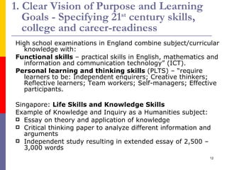 1. Clear Vision of Purpose and Learning Goals - Specifying 21 st  century skills, college and career-readiness High school examinations in England combine subject/curricular knowledge with:  Functional skills  – practical skills in English, mathematics and information and communication technology” (ICT).  Personal learning and thinking skills  (PLTS) – “require learners to be: Independent enquirers; Creative thinkers; Reflective learners; Team workers; Self-managers; Effective participants. Singapore:  Life Skills and Knowledge Skills Example of Knowledge and Inquiry as a Humanities subject: Essay on theory and application of knowledge Critical thinking paper to analyze different information and arguments Independent study resulting in extended essay of 2,500 – 3,000 words 
