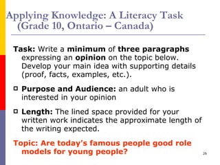 Applying Knowledge: A Literacy Task  (Grade 10, Ontario – Canada) Task:  Write a  minimum  of  three paragraphs  expressing an  opinion  on the topic below. Develop your main idea with supporting details (proof, facts, examples, etc.). Purpose and Audience:  an adult who is interested in your opinion Length:  The lined space provided for your written work indicates the approximate length of the writing expected. Topic: Are today’s famous people good role models for young people? 