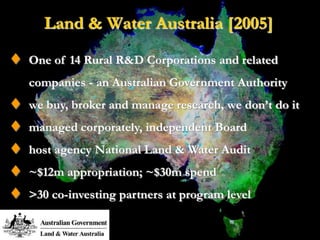 Land & Water Australia [2005]
One of 14 Rural R&D Corporations and related
companies - an Australian Government Authority
we buy, broker and manage research, we don’t do it
managed corporately, independent Board
host agency National Land & Water Audit
~$12m appropriation; ~$30m spend
>30 co-investing partners at program level
 