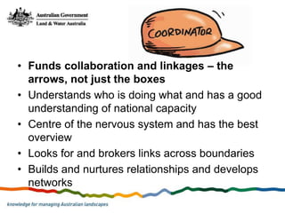 • Funds collaboration and linkages – the
  arrows, not just the boxes
• Understands who is doing what and has a good
  understanding of national capacity
• Centre of the nervous system and has the best
  overview
• Looks for and brokers links across boundaries
• Builds and nurtures relationships and develops
  networks
 