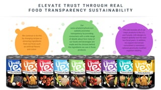 E L E V A T E T R U S T T H R O U G H R E A L
F O O D T R A N S P A R E N C Y S U S T A I N A B I L I T Y
We continue to do this
by changing recipes or
removing ingredients
from our food, such
as artificial flavors
and colors.
Our
www.whatsinmyfood.com
website promotes
transparency by providing
consumers with a wide range
of details about how many of
our foods and beverages are
made and the choices behind
the ingredients we use in those
products.
This site includes all of our
major products in the U.S.
and Canada, with designs to
expand globally over the next
two fiscal years. In addition,
we support and remain
committed to mandatory
national genetically modified
organism labeling.
 