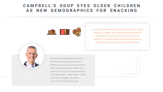 C A M P B E L L ‘ S S O U P E Y E S O L D E R C H I L D R E N
A S N E W D E M O G R A P H I C S F O R S N A C K I N G
In a July 19 presentation during the company’s corporate analyst
meeting, Luca Mignini, senior vice-president and president of
Global Biscuits and Snacks, discussed three areas in the
company’s U.S. business where those priorities will come into
play: children snacking, adult snacking and fresh bakery.
Mr. Mignini said Campbell Soup intends to
reach more consumers more often with
Goldfish by continuing to drive up the brand’s
health and well-being status. Additionally, a
major focus this year is to expand Goldfish to
a new demographic — older children — while
continuing to strengthen the brand’s
connection with millennials, he said.
 
