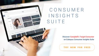 I N S I G H T S
S U I T E
C O N S U M E R
Discover Campbell’s Target Consumer
on Cubeyou Consumer Insights Suite
T R Y N O W F O R F R E E
 