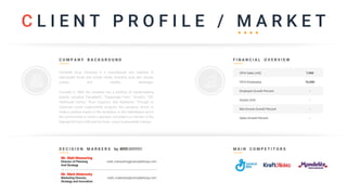 C O M P A N Y B A C K G R O U N D
C L I E N T P R O F I L E / M A R K E T
Campbell Soup Company is a manufacturer and marketer of
high-quality foods and simple meals, including soup and sauces,
snacks and healthy beverages.
Founded in 1869, the company has a portfolio of market-leading
brands, including "Campbell's," "Pepperidge Farm," "Arnott's," "V8,"
"Bolthouse Farms," "Plum Organics" and "Kjeldsens." Through its
corporate social responsibility program, the company strives to
make a positive impact in the workplace, in the marketplace and in
the communities in which it operates. Campbell is a member of the
Standard & Poor's 500 and the Down Jones Sustainability Indexes.
F I N A N C I A L O V E R V I E W
2016 Sales (mil)
2016 Employees
Employee Growth Percent
Assets (mil)
Net Income Growth Percent
Sales Growth Percent
7,960
16,500
-
-
-
-
D E C I S I O N M A R K E R S by M A I N C O M P E T I T O R S
matt_manwaring@campbellsoup.comDirector of Planning
And Strategy
Mr. Matt Manwaring
mark_materacky@campbellsoup.comMarketing Director,
Strategy and Innovation
Mr. Mark Materacky
 