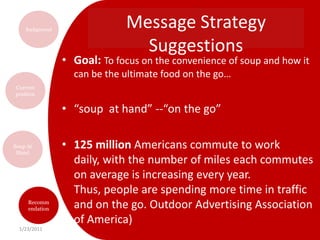 Should women be the target market for Soup at Hand? How should it be positioned? Main target “Working women/heavy commuters” Principal grocery shopperHeavy working women consume more soup (Chart)Size and package Comfortable to touchNo waterThink about….Males’ behavior 