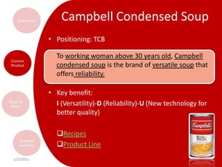 Campbell Condensed SoupPositioning: TCBKey benefit:I (Versatility)-D (Reliability)-U (New technology for better quality)Recipes