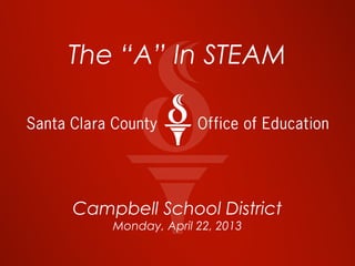 The “A” In STEAM




Campbell School District
     Monday, April 22, 2013
        bit.ly/campbellA
  presented by Dr Lisa Gonzales
 
