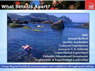 What Sets Us Apart?
Camp Beyond builds focused purpose and confidence through goal setting.
Safe
Sound Method
Quality Academics
Cultural Experiences
Access to U.S. Schools
Unparalleled Experience
Valuable Educational Investment
Competent & Experienced Leadership
 