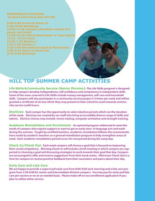 INTERMEDIATE DIVISION
 Campers entering grades 6th-8th

9:00-9:30 Arrival & Check-In
9:30-10:05 Woodshop
10:05-11:40 Capoeira (Brazilian martial arts
game) and Snack
11:40-12:15 Instructional Swim or Team Sports
12:15- 12:45 Lunch
12:45-1:35 Elective 1
1:35-2:25 Elective 2
2:25-3:00 Recreational Swim & Pool Games
3:00-3:15 Snack & Check-Out
3:15-3:30 Dismissal




 HILL TOP SUMMER CAMP ACTIVITIES
 Life Skills & Community Service (Senior Division): The Life Skills program is designed
 to help campers develop independence, self confidence and competency in independent skills.
 Some of the areas covered in Life Skills include money management, self-care and household
 skills. Campers will also participate in a community service project 2-3 times per week and will be
 granted a certificate of service which they may present to their school to count towards commu-
 nity service credit hours.

 Electives: Each camper has the opportunity to select elective periods which run the duration
 of the week. Electives are created by our staff who bring an incredibly diverse range of skills and
 talents. Elective choices may include: movie making, computer animation and strength training.

 Academic Remediation and Enrichment: An optional program addressed to meet the
 needs of campers who require support or want to get an early start in language arts and math
 during the summer. Taught by certified teachers, academic remediation follows the recommenda-
 tions made by student’s teachers or a general remediation program to help strengthen areas of
 need. Each academic remediation period occurs for one period during the camp day.

 Check In/Check Out: Each week campers will choose a goal that is focused on improving
 their social competency. Morning Check-In will include a brief meeting in which campers are sup-
 ported in choosing a goal and discussing strategies to work towards their goal that day. Campers
 are encouraged to offer and receive suggestions from their bunk mates. Afternoon Check-Out is a
 time for campers to receive positive feedback from their counselors and peers about their day.

 Early Care and Late Care
 We are happy to provide a supervised early care from 8:00-9:00 each morning and a late care pro-
 gram from 3:30-6:00 for Junior and Intermediate division campers. You may pay for early and late
 care per session or on an as-needed basis. Please make off on our enrollment application if you
 plan to utilize either service.
 