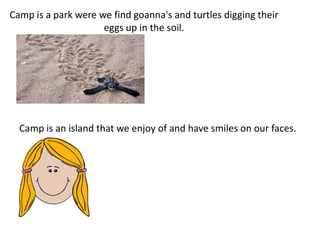 Camp is a park were we find goanna's and turtles digging their
eggs up in the soil.
Camp is an island that we enjoy of and have smiles on our faces.
