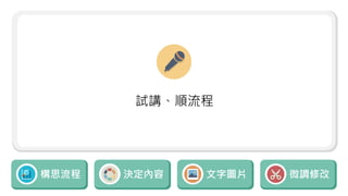 構思流程 決定內容 文字圖片 微調修改
試講、順流程
 