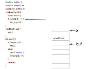 ● True threading
○ C++11 thread
● Fake threading(Coroutines)
○ setjmp/longjmp
○ makecontext/getcontext/swapcontext/setcontext
Approaches
14
 
