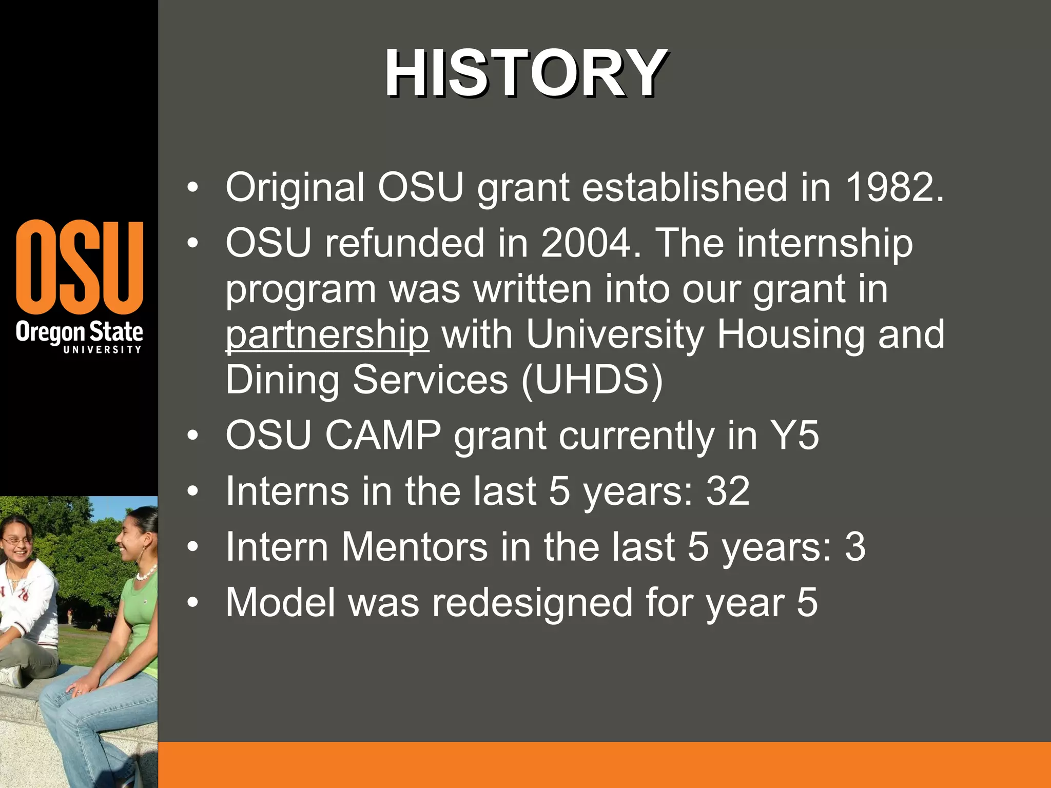 HISTORY Original OSU grant established in 1982. OSU refunded in 2004. The internship program was written into our grant in  partnership  with University Housing and  Dining Services (UHDS) OSU CAMP grant currently in Y5 Interns in the last 5 years: 32  Intern Mentors in the last 5 years: 3 Model was redesigned for year 5 