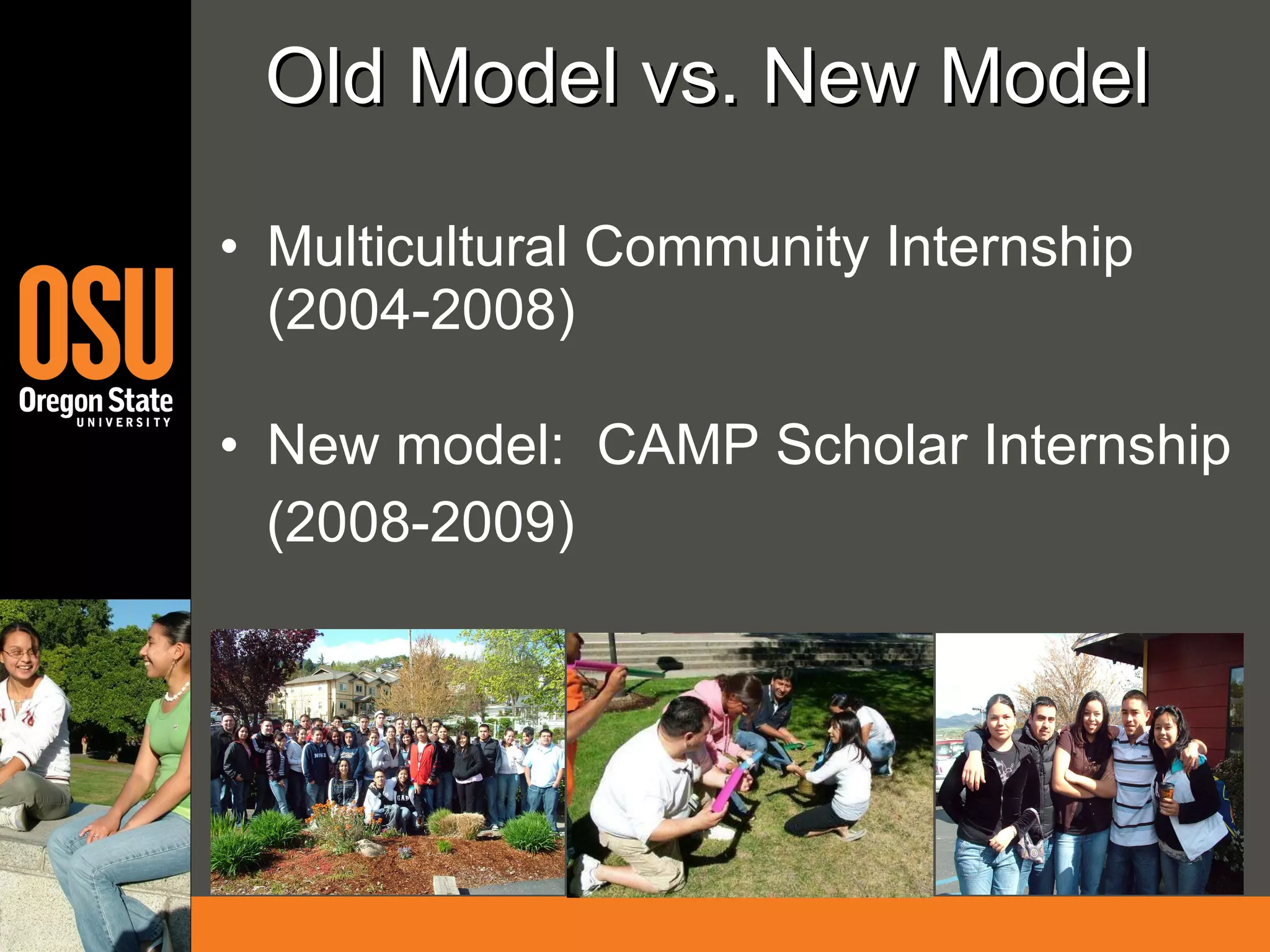 Old Model vs. New Model Multicultural Community Internship (2004-2008) New model:  CAMP Scholar Internship (2008-2009) 