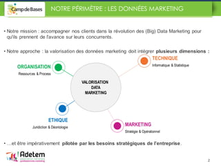 2
NOTRE PÉRIMÈTRE : LES DONNÉES MARKETING
• Notre mission : accompagner nos clients dans la révolution des (Big) Data Marketing pour
qu'ils prennent de l'avance sur leurs concurrents.
• Notre approche : la valorisation des données marketing doit intégrer plusieurs dimensions :
• …et être impérativement pilotée par les besoins stratégiques de l’entreprise.
 