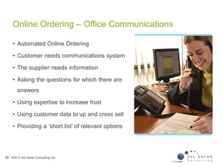 Online Ordering – Office Communications
33 ©2012 del Galdo Consulting Ltd.
• Automated Online Ordering
• Customer needs communications system
• The supplier needs information
• Asking the questions for which there are
answers
• Using expertise to increase trust
• Using customer data to up and cross sell
• Providing a ‘short list’ of relevant options
 
