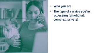 - Who you are


- The type of service you’re
accessing (emotional,
complex, private)


- Your preferences at that
particular time


- Your location
(geographical, physical)


- The time and energy you
have available
 