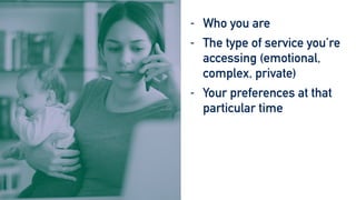 - Who you are


- The type of service you’re
accessing (emotional,
complex, private)


- Your preferences at that
particular time


- Your location
(geographical, physical)


- The time and energy you
have available
 