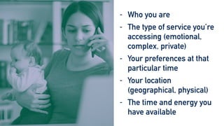 - Who you are


- The type of service you’re
accessing (emotional,
complex, private)


- Your preferences at that
particular time


- Your location
(geographical, physical)


- The time and energy you
have available
 