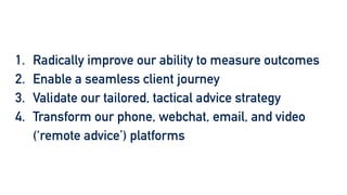 1. Radically improve our ability to measure outcomes


2. Enable a seamless client journey


3. Validate our tailored, tactical advice strategy


4. Transform our phone, webchat, email, and video
(‘remote advice’) platforms
 