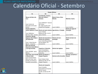 PLANO DIRETOR PARTICIPATIVO INSTITUTO DE PLANEJAMENTO URBANO DE FLORIANÓPOLIS
Calendário Oficial - Setembro
Grupos Oficinas:
G1 G2 G3 G4
Maciço do Morro da
Cruz.
José Mendes, Costeira,
Saco dos Limões e
Carianos
Monte Cristo e Chico
Mendes Ribeirão e Caeira
Local: Centro de
Educação Continuada -
Centro
Local: AMOCOP - Pastoral
da Criança
Av. Jorge Lacerda 1374
Costeira do Pirajubaé Local: A definir Local: A definir
Estreito, Balneário,
Jardim Atlântico e Canto Distrito de Santo Antônio Agronômica e Trindade
Distrito da Lagoa da
Conceição
Local: Biblioteca
Barreiros Filho - Estreito
Local: CESUSC
Rodovia SC 401 - km 10
Santo Antônio Local: A definir Local: A definir
Coqueiros, Abraão,
Itaguaçu, Bom Abrigo e
Vila Aparecida
Distrito de Canasvieiras e
Distrito de Cachoeira
Pântano do Sul e
Aramação
Distrito da Barra da
Lagoa
Local: Clube Doze de
Agosto - Coqueiros
Local: Hotel Moçambique
Av.das Nações, 375 -
Canasvieiras Local: A definir Local: A definir
Bacia do Itacorubi
(Itacorubi, Santa Mônica
e Córrego Grande) Capoeiras e Coloninha Distrito dos Ingleses Centro
Local: ACOJAR - Santa
Mônica
Local: Escola Básica
Municipal Otília Cruz -
Coloninha Local: A definir Local: A definir
João Paulo, Saco Grande
e Monte Verde
Distrito de Ratones e
Vargem Pequena Distrito do Rio Vermelho
Serrinha, Carvoeiras e
Patanal
Local: Escola Donícia
Maria da Costa -Saco
Grande, em frente ao
Conselho Comunitário
Local: Sixteen Clube
Rodovia SC 401, km 16
Vargem Pequena Local: A definir Local: A definir
Distrito do Campeche
Local: Conselho
Comunitário da Fazenda
do Rio Tavares
SC 405, ao lado da UPA
SUL
 