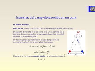 Intensitat del camp electrostàtic en un punt
Els dipols elèctrics
Dipol elèctric: sistema format per dues càrregues iguals però de signe contrari.
En el punt P la intensitat total de camp és la suma vectotrial de la
intensitat de camp deguda a la càrrega positiva més la intensitat
deguda a la càrrega negativa.
En descompondre les intensitats en els seus components les
components a l’eix Y s’anul·len, i a l’eix X se sumen:
El terme q ⋅ d s’anomena moment dipolar i se sol representar per :
T X -X 2 2
P 3
cosθ cosθ
·2cosθ
q q
E E E k k
r r
d
q d
E k
r r 
·q d
 
 