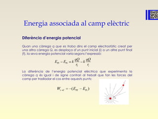 Energia associada al camp elèctric
Diferència d’energia potencial
Quan una càrrega q que es troba dins el camp electrostàtic creat per
una altra càrrega Q, es desplaça d’un punt inicial (i) a un altre punt final
(f), la seva energia potencial varia segons l’expressió:
La diferència de l’energia potencial elèctrica que experimenta la
càrrega q és igual i de signe contrari al treball que fan les forces del
camp per traslladar el cos entre aquests punts:
Pf Pi
f i
qQ qQ
k k
r r
E E
Pi ff Pi )(EW E
 
