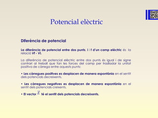 Potencial elèctric
Diferència de potencial
La diferència de potencial entre dos punts, i i f d’un camp elèctric és la
relació Vf - Vi.
La diferència de potencial elèctric entre dos punts és igual i de signe
contrari al treball que fan les forces del camp per traslladar la unitat
positiva de càrrega entre aquests punts:
• Les càrregues positives es desplacen de manera espontània en el sentit
dels potencials decreixents.
• Les càrregues negatives es desplacen de manera espontània en el
sentit dels potencials creixents.
• El vector té el sentit dels potencials decreixents.E

 