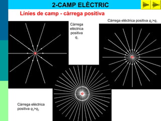 Línies de camp - càrrega positiva
Càrrega
eléctrica
positiva
q1
Càrrega eléctrica positiva q2>q1
Càrrega elèctrica
positiva q3>q2
2-CAMP ELÈCTRIC applet applet2
 