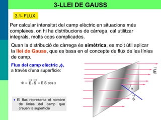 3.1- FLUX
Per calcular intensitat del camp elèctric en situacions més
complexes, on hi ha distribucions de càrrega, cal utilitzar
integrals, molts cops complicades.
Quan la distribució de càrrega és simètrica, es molt útil aplicar
la llei de Gauss, que es basa en el concepte de flux de les línies
de camp.
Flux del camp elèctric ,φ,
a través d’una superfície:
α=
→→
=Φ cosSES.E
• El flux representa el nombre
de línies del camp que
creuen la superfície
α
→
s
→
E
3-LLEI DE GAUSS
 