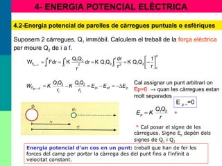 4- ENERGIA POTENCIAL ELÈCTRICA
4.2-Energia potencial de parelles de càrregues puntuals o esfèriques
Suposem 2 càrregues. Q1 immòbil. Calculem el treball de la força elèctrica
per moure Q2 de i a f.
rf
ri
21
f
i 2212
21
f
i
f
i
F
r
1
QQK
r
dr
QQKdr
r
QQ
KFdrW fie 





−==== ∫∫ ∫→
ppfpi
fi
feiF EEE
r
QQ
K
r
QQ
KW ∆−=−=−=→
2121
r
QQ
KEp
21
=
Cal assignar un punt arbitrari on
Ep=0 → quan les càrregues estan
molt separades
E p ∞=0
Energia potencial d’un cos en un punt: treball que han de fer les
forces del camp per portar la càrrega des del punt fins a l’infinit a
velocitat constant.
* Cal posar el signe de les
càrregues. Signe Ep depèn dels
signes de Q1 i Q2
*
 