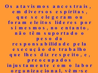 Os atavismos ancestrais, em diversos espíritas, que se elegeram ou foram eleitos líderes por si mesmos, no entanto, não têm suportado o peso da responsabilidade pela execução do trabalho que lhes diz respeito, e, preocupados injustamente com o labor organizacional, vêm-se desviando dos conteúdos insofismáveis da Doutrina, qual fizeram ontem em relação à Mensagem cristã, que transformaram em romanismo... 