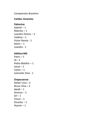 Campeonato Brasileiro
Cartões Amarelos
Palmeiras
Gabriel – 1
Robinho – 1
Leandro Pereira – 2
Valdívia – 1
Victor Ramos - 1...