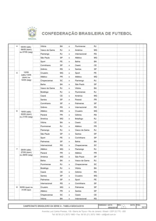 034 4 Vitória BA x Fluminense RJ
035 4 Vasco da Gama RJ x América MG
036 4 Flamengo RJ x Internacional RS
037 4 6/5 Dom São Paulo SP x Atlético MG
038 4 6/5 Dom Sport PE x Bahia BA
039 4 6/5 Dom Corinthians SP x Ceará CE
040 4 6/5 Dom Grêmio RS x Santos SP
041 5 Cruzeiro MG x Sport PE
042 5 Atlético PR x Atlético MG
043 5 Chapecoense SC x Flamengo RJ
044 5 13/5 Dom Bahia BA x São Paulo SP
045 5 13/5 Dom Vasco da Gama RJ x Vitória BA
046 5 13/5 Dom Botafogo RJ x Fluminense RJ
047 5 13/5 Dom Ceará CE x América MG
048 5 13/5 Dom Santos SP x Paraná PR
049 5 13/5 Dom Corinthians SP x Palmeiras SP
050 5 13/5 Dom Grêmio RS x Internacional RS
051 6 Atlético MG x Cruzeiro MG
052 6 Paraná PR x Grêmio RS
053 6 América MG x Botafogo RJ
054 6 20/5 Dom Vitória BA x Ceará CE
055 6 20/5 Dom Fluminense RJ x Atlético PR
056 6 20/5 Dom Flamengo RJ x Vasco da Gama RJ
057 6 20/5 Dom São Paulo SP x Santos SP
058 6 20/5 Dom Sport PE x Corinthians SP
059 6 20/5 Dom Palmeiras SP x Bahia BA
060 6 20/5 Dom Internacional RS x Chapecoense SC
061 7 Atlético MG x Flamengo RJ
062 7 Paraná PR x Atlético PR
063 7 América MG x São Paulo SP
064 7 27/5 Dom Bahia BA x Vasco da Gama RJ
065 7 27/5 Dom Fluminense RJ x Chapecoense SC
066 7 27/5 Dom Botafogo RJ x Vitória BA
067 7 27/5 Dom Ceará CE x Grêmio RS
068 7 27/5 Dom Santos SP x Cruzeiro MG
069 7 27/5 Dom Palmeiras SP x Sport PE
070 7 27/5 Dom Internacional RS x Corinthians SP
071 8 Cruzeiro MG x Palmeiras SP
072 8 Atlético PR x Santos SP
073 8 30/5 Qua Chapecoense SC x Ceará CE
074 8 30/5 Qua Vitória BA x Internacional RS
EMISSAO DATA REV. DATA PÁG
05/02/2018 02/10
Avenida Luiz Carlos Prestes, 130 • Barra da Tijuca • Rio de Janeiro • Brasil • CEP 22.775 - 055
Tel: 00 55 (21) 3572 1900 • Fax: 00 55 (21) 3572 1990 • cbf@cbf.com.br
30/05 (qua) ou
31/05 (qui)
CAMPEONATO BRASILEIRO DA SÉRIE A - TABELA BÁSICA/2018
05/05 (sáb),
06/05 (dom)
ou 07/05 (seg)
12/05
(sáb),13/05
(dom) ou
14/05 (seg)
19/05 (sáb),
20/05 (dom)
ou 21/05 (seg)
26/05 (sáb),
27/05 (dom)
ou 28/05 (seg)
3030
 