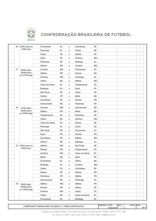 195 20 Fluminense RJ x Corinthians SP
196 20 Flamengo RJ x Vitória BA
197 20 22/8 Qua Ceará CE x Santos SP
198 20 22/8 Qua Sport PE x América MG
199 20 22/8 Qua Palmeiras SP x Botafogo RJ
200 20 22/8 Qua Grêmio RS x Cruzeiro MG
201 21 Cruzeiro MG x Fluminense RJ
202 21 Atlético PR x Grêmio RS
203 21 América MG x Flamengo RJ
204 21 26/8 Dom Vitória BA x Atlético MG
205 21 26/8 Dom Vasco da Gama RJ x Chapecoense SC
206 21 26/8 Dom Botafogo RJ x Sport PE
207 21 26/8 Dom São Paulo SP x Ceará CE
208 21 26/8 Dom Santos SP x Bahia BA
209 21 26/8 Dom Corinthians SP x Paraná PR
210 21 26/8 Dom Internacional RS x Palmeiras SP
211 22 Cruzeiro MG x Internacional RS
212 22 Atlético PR x Bahia BA
213 22 Chapecoense SC x Palmeiras SP
214 22 2/9 Dom Vitória BA x América MG
215 22 2/9 Dom Vasco da Gama RJ x Santos SP
216 22 2/9 Dom Flamengo RJ x Ceará CE
217 22 2/9 Dom São Paulo SP x Fluminense RJ
218 22 2/9 Dom Sport PE x Paraná PR
219 22 2/9 Dom Corinthians SP x Atlético MG
220 22 2/9 Dom Grêmio RS x Botafogo RJ
221 23 Atlético MG x São Paulo SP
222 23 Paraná PR x Chapecoense SC
223 23 5/9 Qua América MG x Vasco da Gama RJ
224 23 5/9 Qua Bahia BA x Sport PE
225 23 5/9 Qua Fluminense RJ x Vitória BA
226 23 5/9 Qua Botafogo RJ x Cruzeiro MG
227 23 5/9 Qua Ceará CE x Corinthians SP
228 23 5/9 Qua Santos SP x Grêmio RS
229 23 5/9 Qua Palmeiras SP x Atlético PR
230 23 5/9 Qua Internacional RS x Flamengo RJ
231 24 Atlético MG x Atlético PR
232 24 Paraná PR x Santos SP
233 24 América MG x Ceará CE
234 24 9/9 Dom Vitória BA x Vasco da Gama RJ
235 24 9/9 Dom Fluminense RJ x Botafogo RJ
EMISSAO DATA REV. DATA PÁG
05/02/2018 06/10
CAMPEONATO BRASILEIRO DA SÉRIE A - TABELA BÁSICA/2018
22/08 (qua) ou
23/08 (qui)
05/09 (qua) ou
06/09 (qui)
25/08 (sáb),
26/08 (dom)
ou 27/08 (seg)
01/09 (sáb),
02/09 (dom)
ou 03/09 (seg)
08/09 (sáb),
09/09 (dom)
ou 10/09 (seg)
Avenida Luiz Carlos Prestes, 130 • Barra da Tijuca • Rio de Janeiro • Brasil • CEP 22.775 - 055
Tel: 00 55 (21) 3572 1900 • Fax: 00 55 (21) 3572 1990 • cbf@cbf.com.br
303030303030
 