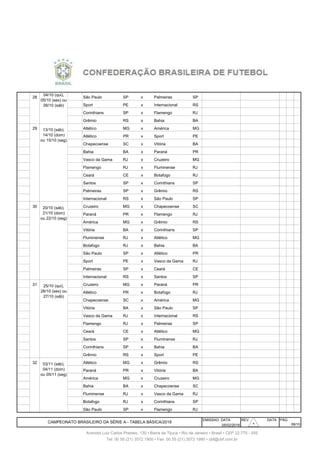 277 28 São Paulo SP x Palmeiras SP
278 28 Sport PE x Internacional RS
279 28 Corinthians SP x Flamengo RJ
280 28 7/10 Dom Grêmio RS x Bahia BA
281 29 Atlético MG x América MG
282 29 Atlético PR x Sport PE
283 29 Chapecoense SC x Vitória BA
284 29 14/10 Dom Bahia BA x Paraná PR
285 29 14/10 Dom Vasco da Gama RJ x Cruzeiro MG
286 29 14/10 Dom Flamengo RJ x Fluminense RJ
287 29 14/10 Dom Ceará CE x Botafogo RJ
288 29 14/10 Dom Santos SP x Corinthians SP
289 29 14/10 Dom Palmeiras SP x Grêmio RS
290 29 14/10 Dom Internacional RS x São Paulo SP
291 30 Cruzeiro MG x Chapecoense SC
292 30 Paraná PR x Flamengo RJ
293 30 América MG x Grêmio RS
294 30 21/10 Dom Vitória BA x Corinthians SP
295 30 21/10 Dom Fluminense RJ x Atlético MG
296 30 21/10 Dom Botafogo RJ x Bahia BA
297 30 21/10 Dom São Paulo SP x Atlético PR
298 30 21/10 Dom Sport PE x Vasco da Gama RJ
299 30 21/10 Dom Palmeiras SP x Ceará CE
300 30 21/10 Dom Internacional RS x Santos SP
301 31 Cruzeiro MG x Paraná PR
302 31 Atlético PR x Botafogo RJ
303 31 Chapecoense SC x América MG
304 31 28/10 Dom Vitória BA x São Paulo SP
305 31 28/10 Dom Vasco da Gama RJ x Internacional RS
306 31 28/10 Dom Flamengo RJ x Palmeiras SP
307 31 28/10 Dom Ceará CE x Atlético MG
308 31 28/10 Dom Santos SP x Fluminense RJ
309 31 28/10 Dom Corinthians SP x Bahia BA
310 31 28/10 Dom Grêmio RS x Sport PE
311 32 Atlético MG x Grêmio RS
312 32 Paraná PR x Vitória BA
313 32 América MG x Cruzeiro MG
314 32 4/11 Dom Bahia BA x Chapecoense SC
315 32 4/11 Dom Fluminense RJ x Vasco da Gama RJ
316 32 4/11 Dom Botafogo RJ x Corinthians SP
317 32 4/11 Dom São Paulo SP x Flamengo RJ
EMISSAO DATA REV. DATA PÁG
05/02/2018
13/10 (sáb),
14/10 (dom)
ou 15/10 (seg)
20/10 (sáb),
21/10 (dom)
ou 22/10 (seg)
25/10 (qui),
26/10 (sex) ou
27/10 (sáb)
03/11 (sáb),
04/11 (dom)
ou 05/11 (seg)
Avenida Luiz Carlos Prestes, 130 • Barra da Tijuca • Rio de Janeiro • Brasil • CEP 22.775 - 055
Tel: 00 55 (21) 3572 1900 • Fax: 00 55 (21) 3572 1990 • cbf@cbf.com.br
08/10
CAMPEONATO BRASILEIRO DA SÉRIE A - TABELA BÁSICA/2018
04/10 (qui),
05/10 (sex) ou
06/10 (sáb)
3030303030303030
 