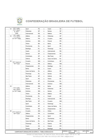 318 32 Sport PE x Ceará CE
319 32 Palmeiras SP x Santos SP
320 32 Internacional RS x Atlético PR
321 33 Atlético MG x Palmeiras SP
322 33 Atlético PR x Cruzeiro MG
323 33 América MG x Paraná PR
324 33 11/11 Dom Vitória BA x Bahia BA
325 33 11/11 Dom Fluminense RJ x Sport PE
326 33 11/11 Dom Botafogo RJ x Flamengo RJ
327 33 11/11 Dom Ceará CE x Internacional RS
328 33 11/11 Dom Santos SP x Chapecoense SC
329 33 11/11 Dom Corinthians SP x São Paulo SP
330 34 11/11 Dom Grêmio RS x Vasco da Gama RJ
331 34 Cruzeiro MG x Corinthians SP
332 34 Paraná PR x Atlético MG
333 34 14/11 Qua Chapecoense SC x Botafogo RJ
334 34 14/11 Qua Bahia BA x Ceará CE
335 34 14/11 Qua Vasco da Gama RJ x Atlético PR
336 34 14/11 Qua Flamengo RJ x Santos SP
337 34 14/11 Qua São Paulo SP x Grêmio RS
338 34 14/11 Qua Sport PE x Vitória BA
339 34 14/11 Qua Palmeiras SP x Fluminense RJ
340 34 14/11 Qua Internacional RS x América MG
341 35 Atlético MG x Bahia BA
342 35 Paraná PR x Palmeiras SP
343 35 América MG x Santos SP
344 35 18/11 Dom Vitória BA x Atlético PR
345 35 18/11 Dom Fluminense RJ x Ceará CE
346 35 18/11 Dom Botafogo RJ x Internacional RS
347 35 18/11 Dom São Paulo SP x Cruzeiro MG
348 35 18/11 Dom Sport PE x Flamengo RJ
349 35 18/11 Dom Corinthians SP x Vasco da Gama RJ
350 35 18/11 Dom Grêmio RS x Chapecoense SC
351 36 Cruzeiro MG x Vitória BA
352 36 Atlético PR x Corinthians SP
353 36 21/11 Qua Chapecoense SC x Sport PE
354 36 21/11 Qua Bahia BA x Fluminense RJ
355 36 21/11 Qua Vasco da Gama RJ x São Paulo SP
356 36 21/11 Qua Flamengo RJ x Grêmio RS
357 36 21/11 Qua Ceará CE x Paraná PR
358 36 21/11 Qua Santos SP x Botafogo RJ
EMISSAO DATA REV. DATA PÁG
05/02/2018 09/10
Avenida Luiz Carlos Prestes, 130 • Barra da Tijuca • Rio de Janeiro • Brasil • CEP 22.775 - 055
Tel: 00 55 (21) 3572 1900 • Fax: 00 55 (21) 3572 1990 • cbf@cbf.com.br
CAMPEONATO BRASILEIRO DA SÉRIE A - TABELA BÁSICA/2018
03/11 (sáb),
04/11 (dom)
ou 05/11
(seg)
17/11 (sáb),
18/11 (dom)
ou 19/11 (seg)
10/11 (sáb),
11/11 (dom)
ou 12/11 (seg)
14/11 (qua) ou
15/11 (qui)
21/11 (qua) ou
22/11 (qui)
303030303030303030
 