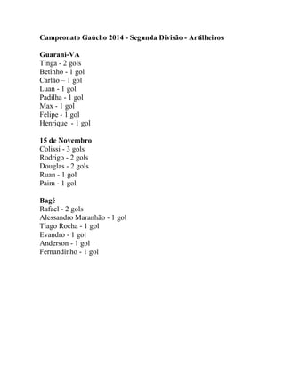 Campeonato Gaúcho 2014 - Segunda Divisão - Artilheiros
Guarani-VA
Tinga - 2 gols
Betinho - 1 gol
Carlão – 1 gol
Luan - 1 gol
Padilha - 1 gol
Max - 1 gol
Felipe - 1 gol
Henrique - 1 gol
15 de Novembro
Colissi - 3 gols
Rodrigo - 2 gols
Douglas - 2 gols
Ruan - 1 gol
Paim - 1 gol
Bagé
Rafael - 2 gols
Alessandro Maranhão - 1 gol
Tiago Rocha - 1 gol
Evandro - 1 gol
Anderson - 1 gol
Fernandinho - 1 gol
 