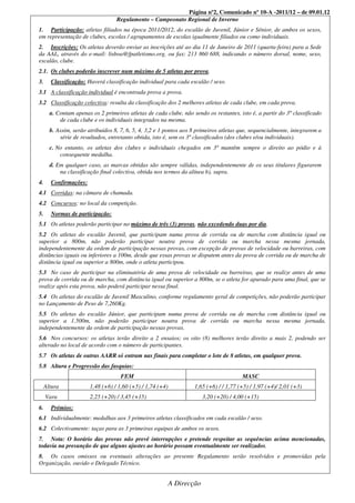 Página nº2, Comunicado nº 10-A -2011/12 – de 09.01.12
                                   Regulamento – Campeonato Regional de Inverno
1. Participação: atletas filiados na época 2011/2012, do escalão de Juvenil, Júnior e Sénior, de ambos os sexos,
em representação de clubes, escolas / agrupamentos de escolas igualmente filiados ou como individuais.
2. Inscrições: Os atletas deverão enviar as inscrições até ao dia 11 de Janeiro de 2011 (quarta-feira) para a Sede
da AAL, através do e-mail: lisboa@fpatletismo.org, ou fax: 213 860 688, indicando o número dorsal, nome, sexo,
escalão, clube.
2.1. Os clubes poderão inscrever num máximo de 5 atletas por prova.
3.     Classificação: Haverá classificação individual para cada escalão / sexo.
3.1 A classificação individual é encontrada prova a prova.
3.2 Classificação colectiva: resulta da classificação dos 2 melhores atletas de cada clube, em cada prova.
       a. Contam apenas os 2 primeiros atletas de cada clube, não sendo os restantes, isto é, a partir do 3º classificado
           de cada clube e os individuais integrados na mesma.
       b. Assim, serão atribuídos 8, 7, 6, 5, 4, 3,2 e 1 pontos aos 8 primeiros atletas que, sequencialmente, integrarem a
           série de resultados, entretanto obtida, isto é, sem os 3º classificados (dos clubes e/ou individuais).
       c. No entanto, os atletas dos clubes e individuais chegados em 3º mantêm sempre o direito ao pódio e à
           consequente medalha.
       d. Em qualquer caso, as marcas obtidas são sempre válidas, independentemente de os seus titulares figurarem
           na classificação final colectiva, obtida nos termos da alínea b), supra.
4.     Confirmações:
4.1 Corridas: na câmara de chamada.
4.2 Concursos: no local da competição.
5.     Normas de participação:
5.1 Os atletas poderão participar no máximo de três (3) provas, não excedendo duas por dia.
5.2 Os atletas do escalão Juvenil, que participam numa prova de corrida ou de marcha com distância igual ou
superior a 800m, não poderão participar noutra prova de corrida ou marcha nessa mesma jornada,
independentemente da ordem de participação nessas provas, com excepção de provas de velocidade ou barreiras, com
distâncias iguais ou inferiores a 100m, desde que essas provas se disputem antes da prova de corrida ou de marcha de
distância igual ou superior a 800m, onde o atleta participou.
5.3 No caso de participar na eliminatória de uma prova de velocidade ou barreiras, que se realize antes de uma
prova de corrida ou de marcha, com distância igual ou superior a 800m, se o atleta for apurado para uma final, que se
realize após esta prova, não poderá participar nessa final.
5.4 Os atletas do escalão de Juvenil Masculino, conforme regulamento geral de competições, não poderão participar
no Lançamento de Peso de 7,260Kg.
5.5 Os atletas do escalão Júnior, que participam numa prova de corrida ou de marcha com distância igual ou
superior a 1.500m, não poderão participar noutra prova de corrida ou marcha nessa mesma jornada,
independentemente da ordem de participação nessas provas.
5.6 Nos concursos: os atletas terão direito a 2 ensaios; os oito (8) melhores terão direito a mais 2, podendo ser
alterado no local de acordo com o número de participantes.
5.7 Os atletas de outras AARR só entram nas finais para completar o lote de 8 atletas, em qualquer prova.
5.8 Altura e Progressão das fasquias:
                                     FEM                                                 MASC
     Altura             1,48 (+6) / 1,60 (+5) / 1,74 (+4)           1,65 (+6) / / 1,77 (+5) / 1,97 (+4)/ 2,01 (+3)
     Vara               2,25 (+20) / 3,45 (+15)                          3,20 (+20) / 4,00 (+15)
6.     Prémios:
6.1 Individualmente: medalhas aos 3 primeiros atletas classificados em cada escalão / sexo.
6.2 Colectivamente: taças para as 3 primeiras equipas de ambos os sexos.
7. Nota: O horário das provas não prevê interrupções e pretende respeitar as sequências acima mencionadas,
todavia na presunção de que alguns ajustes ao horário possam eventualmente ser realizados.
8. Os casos omissos ou eventuais alterações ao presente Regulamento serão resolvidos e promovidas pela
Organização, ouvido o Delegado Técnico.


                                                            A Direcção
 